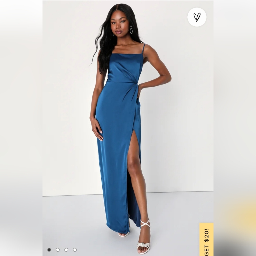 Lulus Destiny Awaits Navy Blue Satin Faux-Wrap Maxi Dress